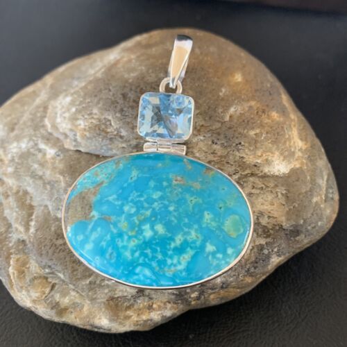 Navajo Blue Topaz Turquoise Multi-Stone Pendant | Authentic Native American Sterling Silver | 2.25" | 10713