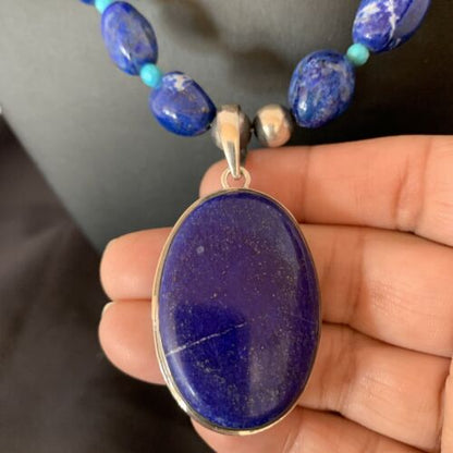 Navajo Blue Lapis Turquoise Pendant Necklace | Sterling Silver | 20" | Authentic Native American Handmade | 10522