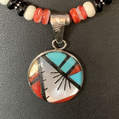 Zuni Multi-Color Turquoise Onyx Necklace | Sterling Silver Inlay Pendant | 13563
