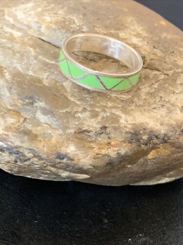 Navajo Men's Band Ring | Sterling Silver Green Gaspeite Inlay | Sz 12 | Authentic Native American Handmade | 12462