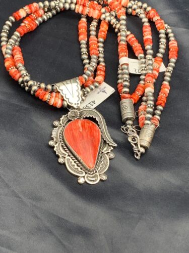 Navajo Spiny Oyster Feather Pendant | 3-Strand Sterling Silver Necklace | Native American Handmade | 4130