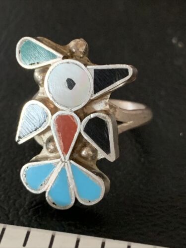 Zuni Peyote Bird Ring | Sterling Silver Coral Turquoise Onyx Mother of Pearl Inlay | Sz 5.5 | 10789