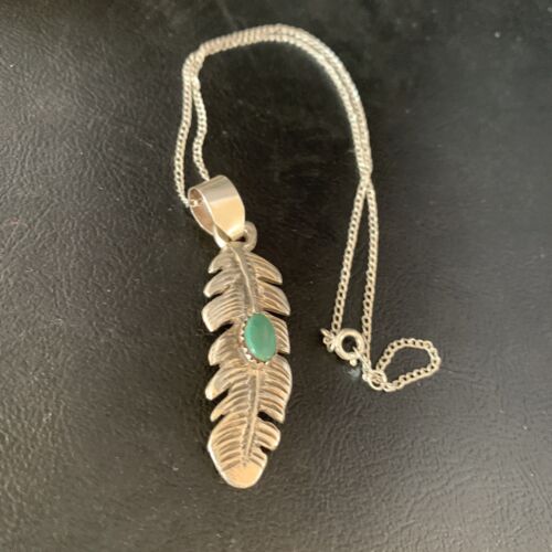 Navajo Green Turquoise Feather Pendant Necklace | Sterling Silver | 16" | Authentic Native American Handmade | 13685