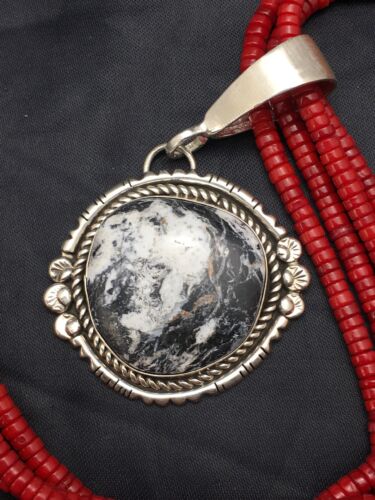 Navajo White Buffalo Turquoise Pendant with Coral | 4-Strand Silver Necklace | Authentic Native American Handmade | 3848