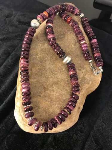 Navajo Purple Spiny Oyster Bead Necklace | 10mm | Sterling Silver | Authentic Native American Handmade | 23" | 409