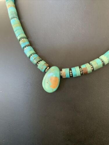 Navajo Green Turquoise Heishi Necklace | Sterling Silver | 22" | Authentic Native American Handmade | 11814