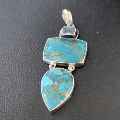 Navajo Blue Topaz Mojave Turquoise Pendant | Authentic Native American Sterling Silver | Multi-Stone | 10714