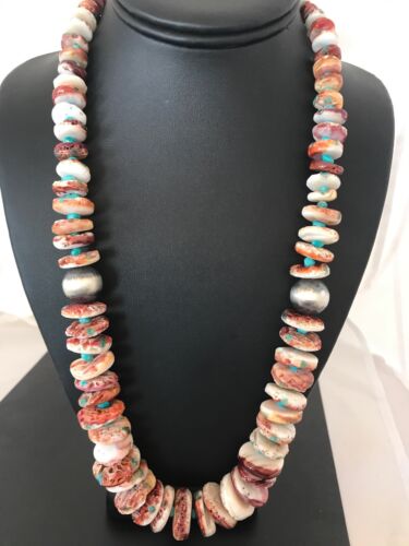 Purple Spiny Oyster & Turquoise Navajo Graduated Necklace | Sterling Silver | Authentic Native American | 24" | 3603