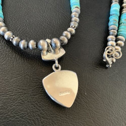 Navajo Pearl Necklace with Blue Cluster Turquoise Multi-Stone Pendant | Authentic Native American Sterling Silver | 12549