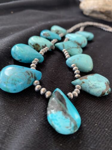 Native American Navajo Pearls Necklace | Sterling Silver Blue Turquoise Teardrop | Authentic Handmade | 942