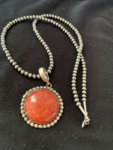 Native American Men's Navajo Red Apple Coral Pendant Necklace | Sterling Silver | 1314
