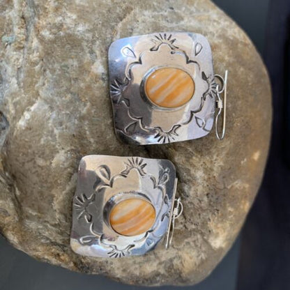 Navajo Sterling Silver Earrings with Gold Orange Spiny Oyster | Authentic Native American Handmade | Set2076