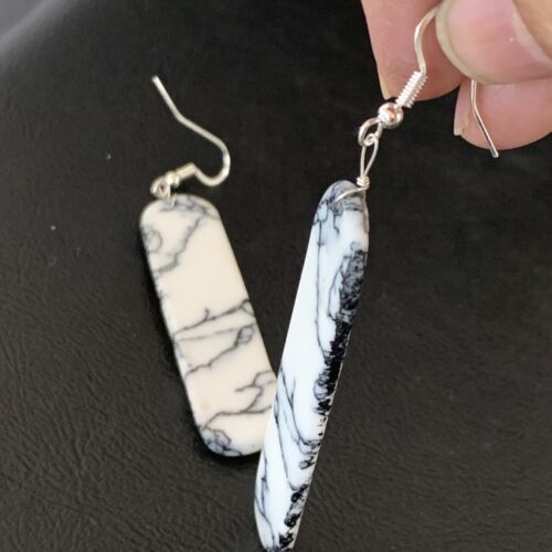 Navajo White Buffalo Turquoise Dangle Earrings | Sterling Silver | 2" | Authentic Native American Handmade | 11753