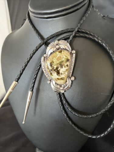Men's Green Royston Turquoise Bolo Tie | Sterling Silver | Navajo | Authentic Native American Handmade | 14786