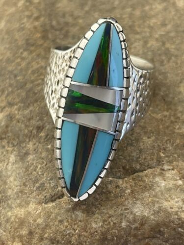 Navajo Opal & Turquoise Inlay Ring | Sterling Silver | Sz 7.5 | Authentic Native American Handmade | 1597