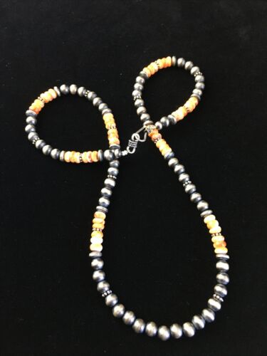 Authentic Navajo Sterling Silver Orange Spiny Oyster Necklace | 21" | Single Strand | Native American Jewelry | 1767