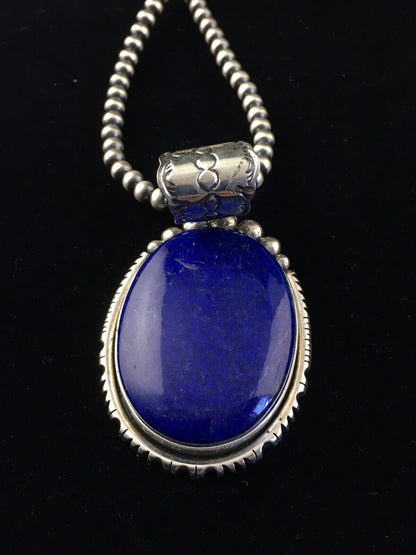 Men's XL Navajo Pearls Necklace Pendant | Sterling Silver Blue Lapis | Authentic Native American Handmade | 10116