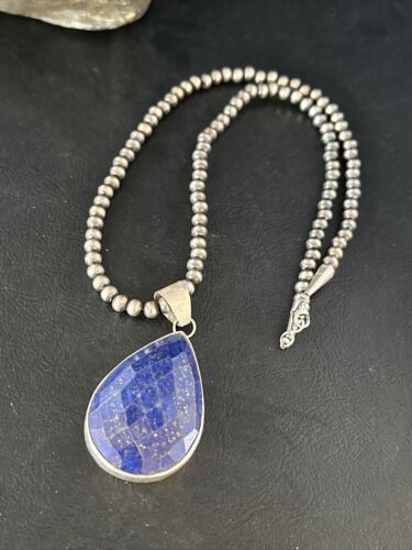 Men's Navajo Pearls Necklace with Faceted Lapis Pendant | Sterling Silver | Authentic Native American Handmade | 14468