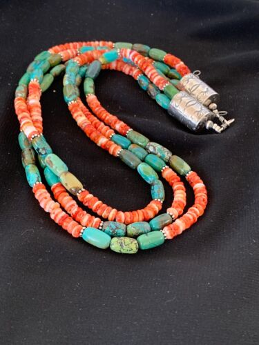 Navajo Green Turquoise Spiny Necklace Set | Sterling Silver | Authentic Native American Handmade | 2979 - Masha USA