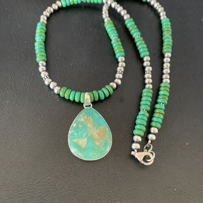 Navajo Green Turquoise Pendant Necklace | Sterling Silver Beads | Authentic Native American Handmade | 13307