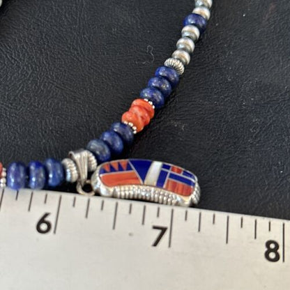 Navajo Blue Lapis Spiny Oyster Necklace Pendant | Sterling Silver Inlay | Authentic Native American Handmade | 14617