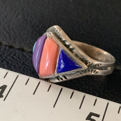 Navajo Multi-Color Turquoise Sugilite Coral Lapis Inlay Ring | Sterling Silver | Sz 9 | 12396