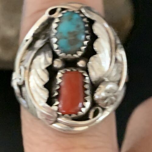 Navajo Kingman Turquoise Coral Ring | Authentic Native American Sterling Silver | Multi-Stone | Sz 11 | 14128