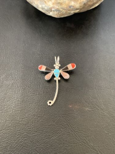 Turquoise & Mother of Pearl Inlay Dragonfly Necklace Pin Pendant | Zuni Sterling Silver | Native American Handmade | 12324