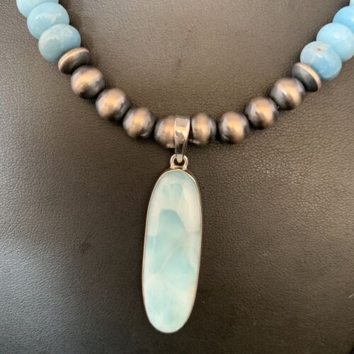 Men's Navajo Sterling Silver Blue Larimar Pendant | 10mm Natural Necklace | 14004