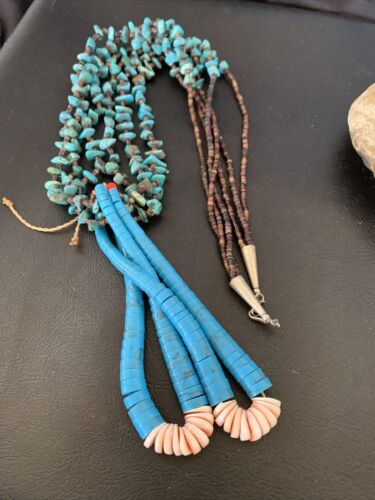 Native American Santo Domingo Spiny Blue Turquoise Shell Jacla Necklace | 3-Strand 27" | 12495