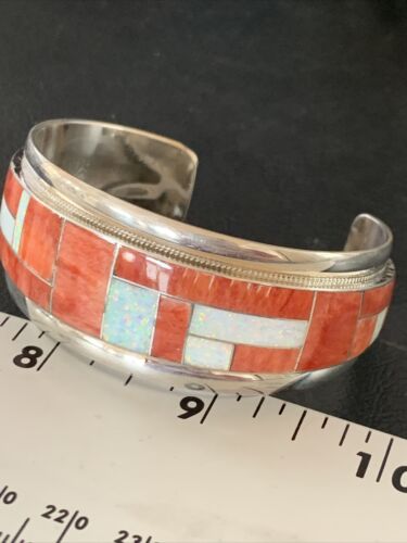 Native American Zuni Red Spiny Oyster Opal Inlay Cuff Bracelet | Sterling Silver | 12096
