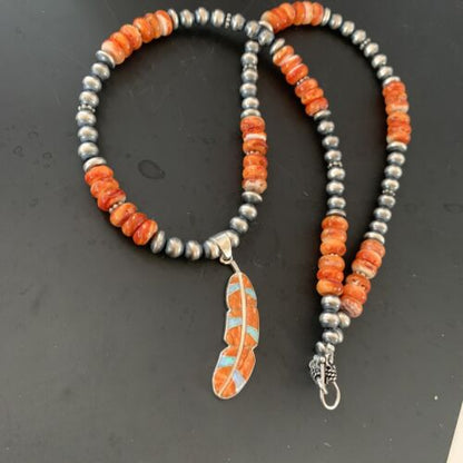 Navajo Pearl Sterling Necklace with Orange Spiny Oyster & Opal Leaf Pendant | Authentic Native American | 18" | 11348 - Masha USA