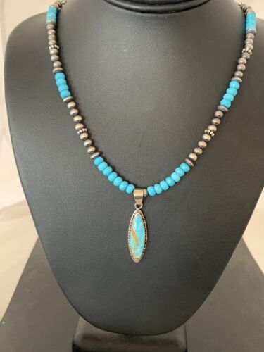 Navajo Blue Faceted Turquoise Pendant Necklace | Sterling Silver | Authentic Native American Handmade | 563 - Masha USA