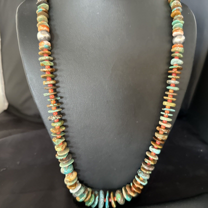 Navajo Turquoise & Red Spiny Oyster Necklace | Sterling Silver | Authentic Native American | 32" | 14381