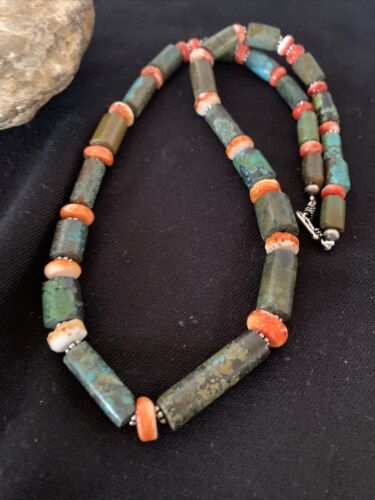 Navajo Green Turquoise and Spiny Oyster Necklace | Sterling Silver | Authentic Native American Handmade | 24" | 893