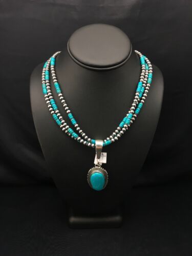 Navajo Pearls Kingman Turquoise Pendant Necklace | Sterling Silver | 3-Strand Set | 21" | 3001