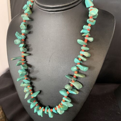 Navajo Green Turquoise & Spiny Oyster Graduated Necklace | Sterling Silver | Authentic Native American | 21" | 14009