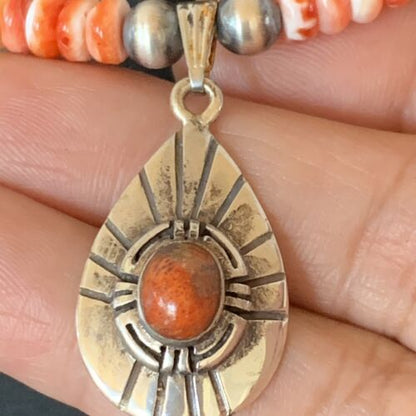 Navajo Pearl Necklace with Red Apple Coral & Spiny Oyster Pendant | Sterling Silver | 12373
