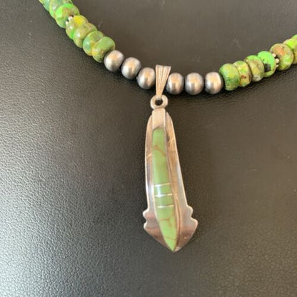 Navajo Green Gaspeite Turquoise Inlay Pendant | Sterling Silver | Authentic Native American Handmade | 13268