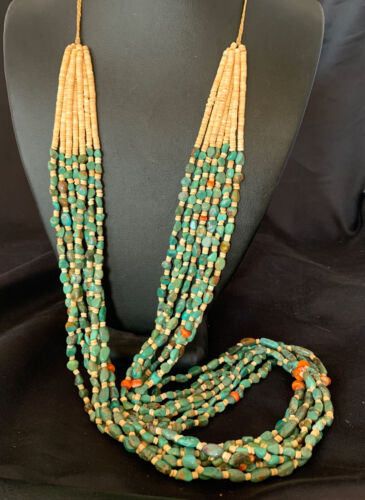 Native American Santo Domingo 7-Strand Necklace | Shell & Green Turquoise | 38" | 12051