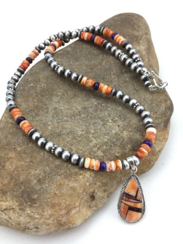 Navajo Spiny Oyster Pendant with Sugilite Inlay | Sterling Silver Necklace | Authentic Native American Handmade | 4879