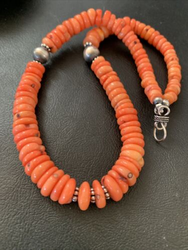 Native American Pink Coral Navajo Bead Necklace | Sterling Silver | 18" | 01951