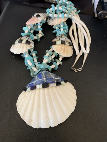 Native American Zuni Shell Pendants | Spiny Oyster & Blue Turquoise Necklace | 30" | 12520