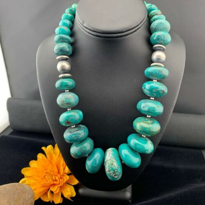 Men's Navajo Pearl Sterling Silver Necklace | Graduated Blue Chunky Turquoise | Authentic Native American | 24" | 01744