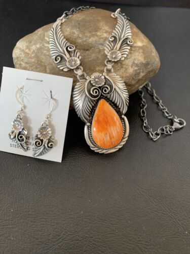Navajo Orange Spiny Oyster Necklace & Earrings Set | Sterling Silver | Authentic Native American Handmade | 2104