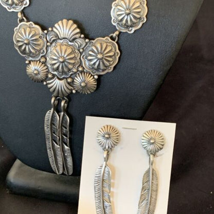 Navajo Handmade Sterling Silver Necklace & Earrings Set | Stamped | Authentic Native American Jewelry | 2114