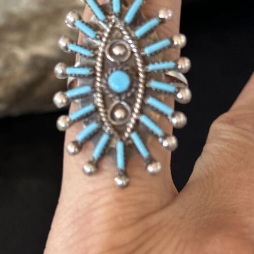 Zuni Blue Turquoise Cluster Needle Point Ring | Authentic Native American Sterling Silver | Multi-Stone | Sz 9 | 14568