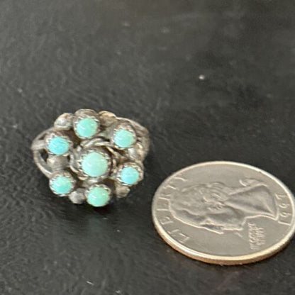 Zuni Blue Turquoise Cluster Ring | Authentic Native American Sterling Silver | Multi-Stone | Sz 7.5 | 14727