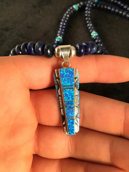 Navajo Opal, Lapis & Turquoise Inlay Pendant Necklace | Sterling Silver | Authentic Native American Handmade | 3348