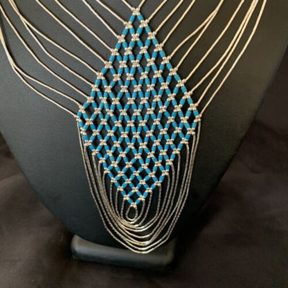 Turquoise Liquid Silver Heishi Necklace | 10 Strand Sterling Silver Tube | 19" | 12629